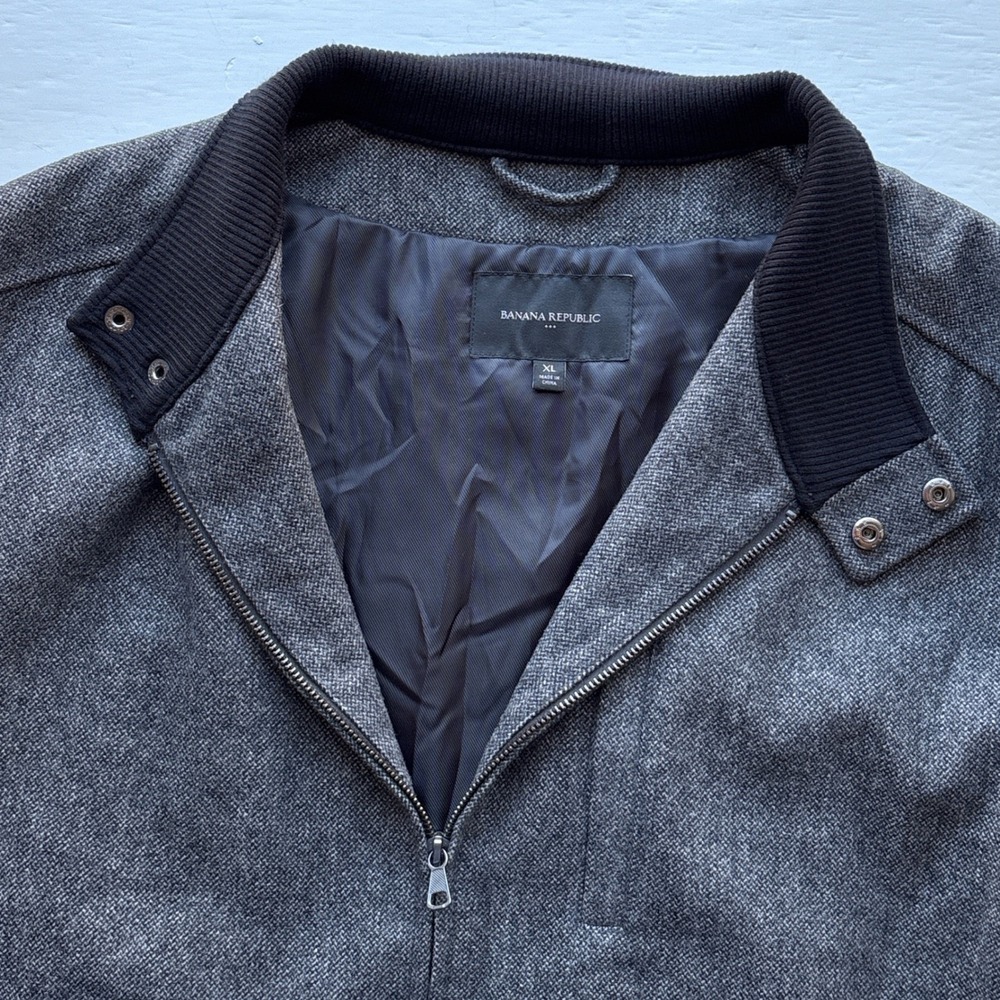 Banana Republic Mens Wool Blend XL Jacket Grey Herringbone Full Zip Bomber Coat - Picture 3 of 9